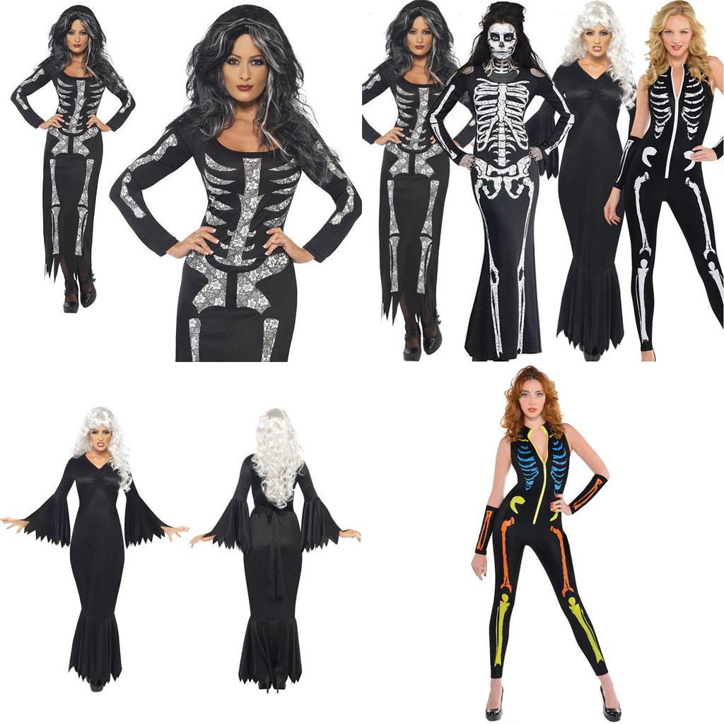 Plus Halloween Midnight Horror Vampire Skeleton Costume Long Fancy Dress Outfit For Spooky Events