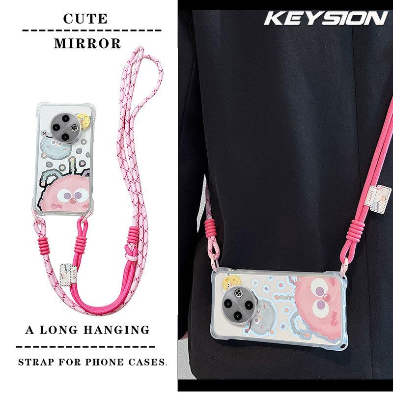 

KEYSION Crossbody Strap Phone Case for TECNO Spark 30C Shockproof Cute Cartoon Long Lanyard Mirror Shockproof Cover for Tecno Spark 30C 4G for Spark 30C