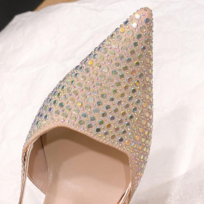 Elegant Pointed Toe Full Diamond New Silver One-Strap Hollow Stiletto Heel Women's High Heels