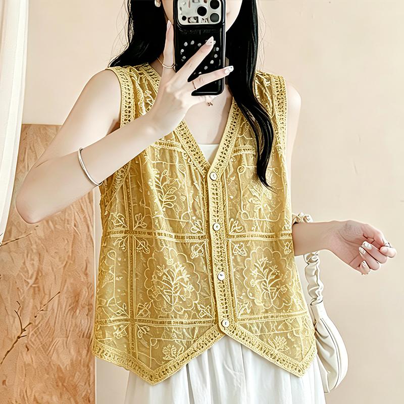 DIMANAF 2026 Plus Size Summer Women Blouse Tunic Tank Loose Casual Cotton Lady Tops Tees Shirt Lace Floral Sleeveless Vest