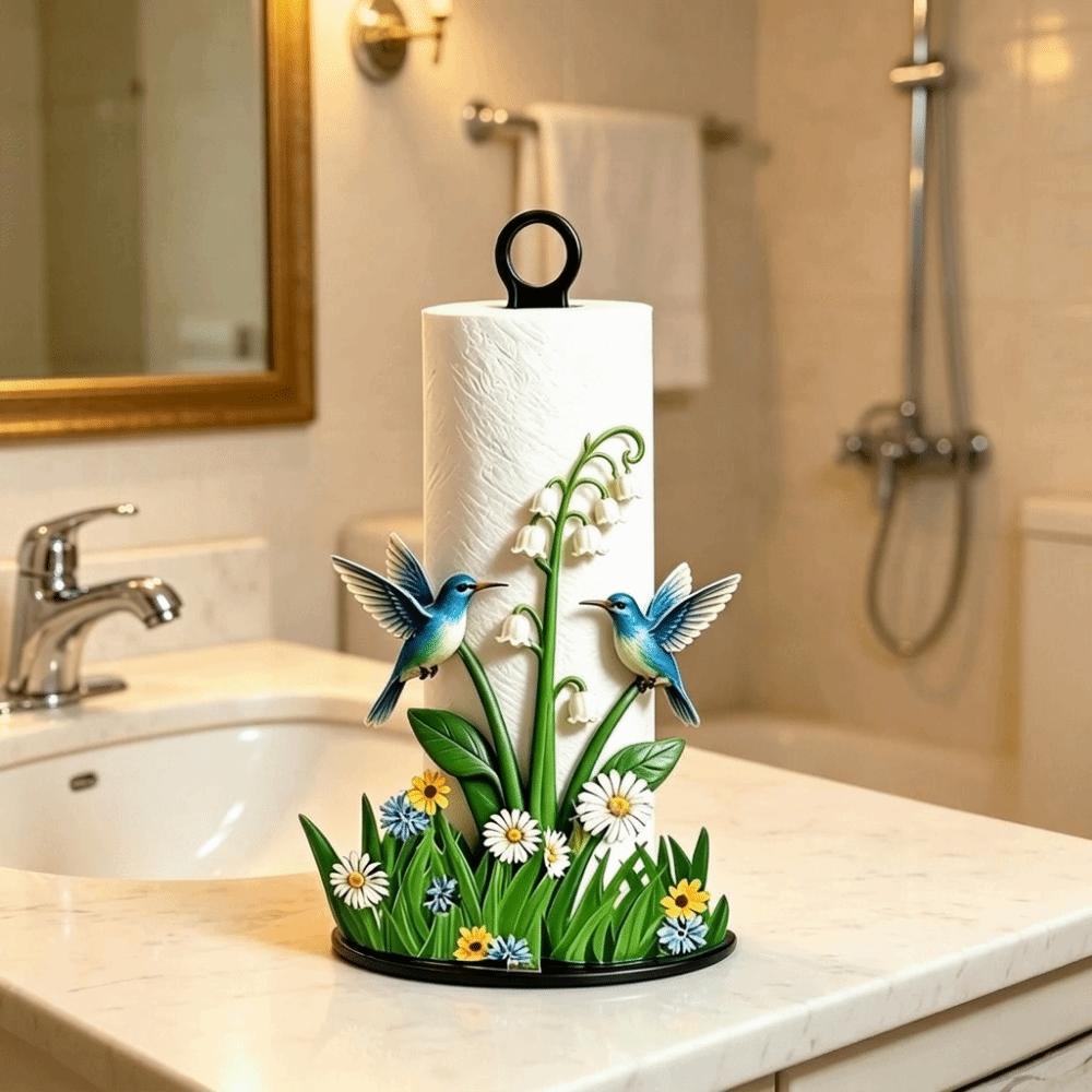 2D Flat Floral Tissue Holder Wooden Base Roll Paper Stand Practical Paper Towel Rack Dining Table