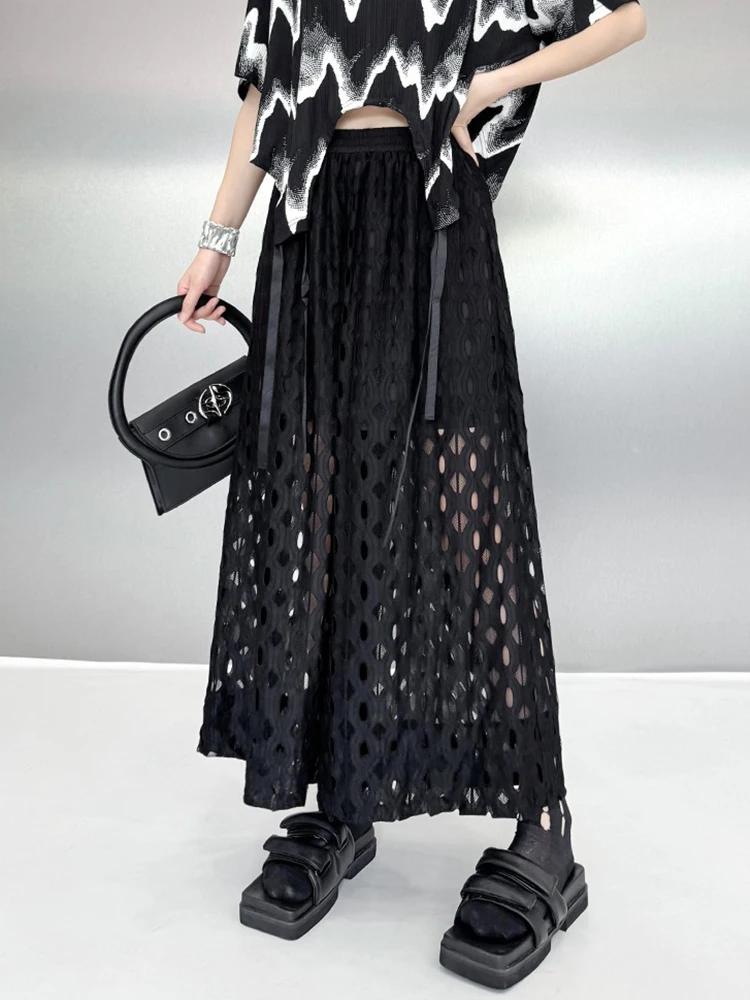 Women's Summer Wide-Leg Pants Elastic Waist Hollow Out Pants