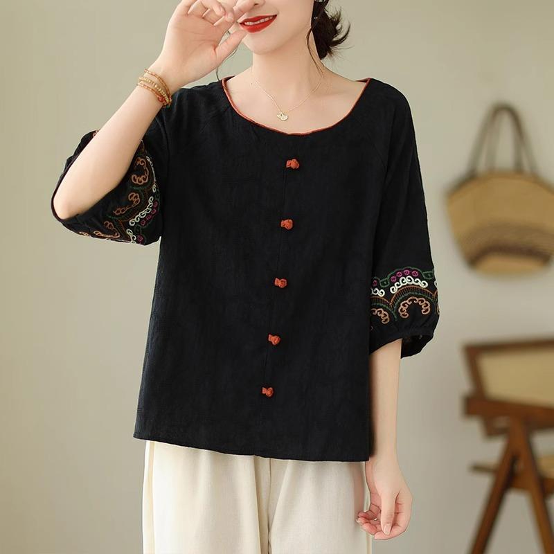 Women Summer Round Neck Frog Button Floral Embroidery Half Sleeve Casual Blouse M чёрный