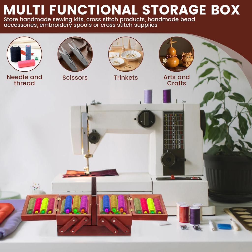 Expandable Sewing Thread Box Wood Vintage Bobbins Empty Sewing Reel Basket with Handle Needle Thread Storage Case DIY Tools