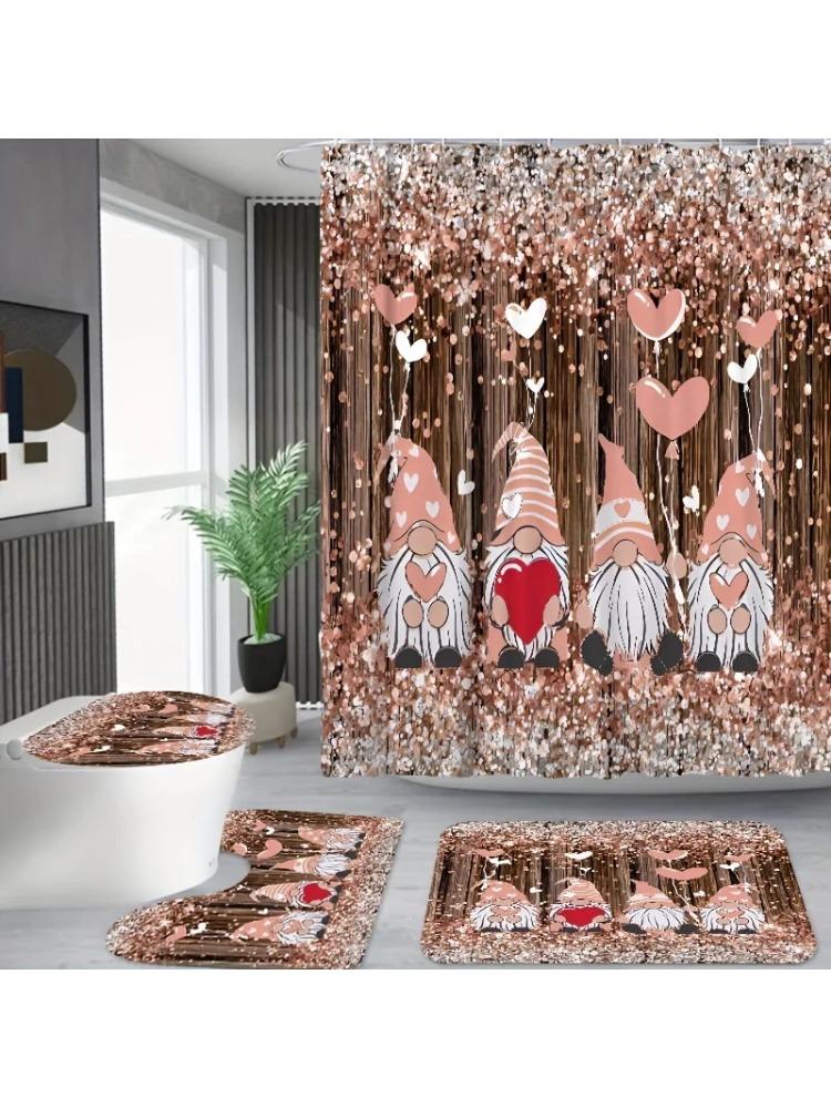 

Pink Gnomes & Hearts Sequin Shower Curtain Set - Fade-Resistant Polyester Bathroom Decor With Hooks, Non-Slip Rug, U-Shaped Mat, W60H190(CM)-1 Pcs