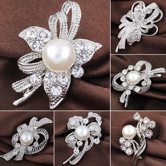 New Bouquet Rhinestone Bridal Pin Silver Crystal Brooch Pearl Brooches Flower
