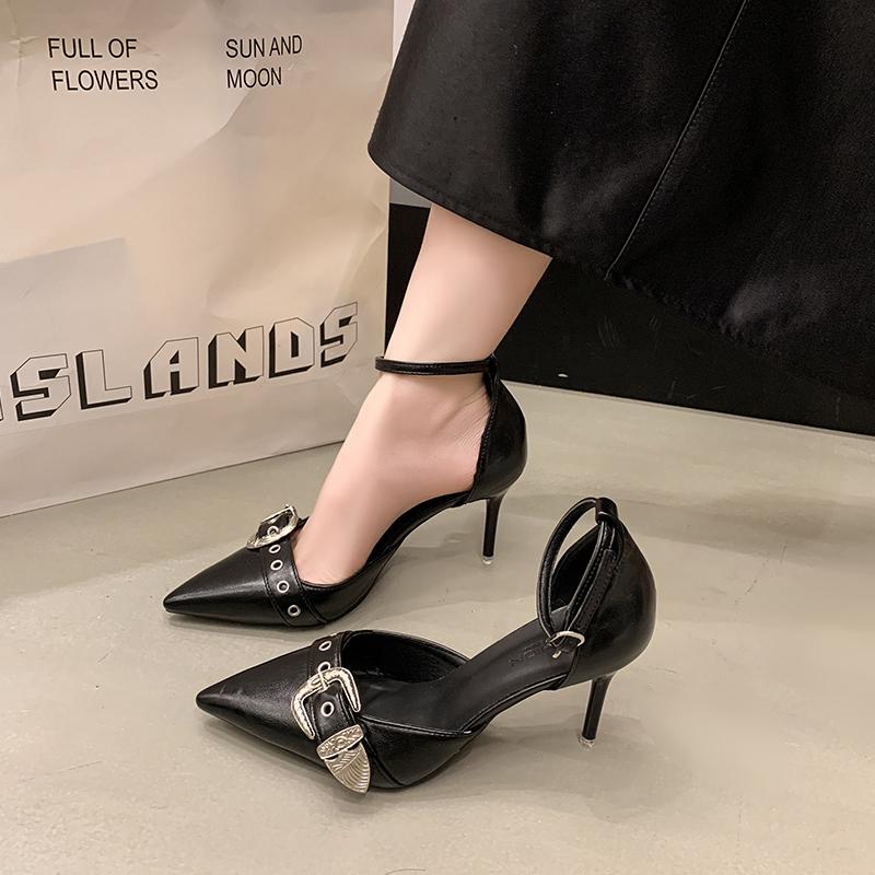 Summer New Style Pointed Toe Shallow Mouth Metal Buckle One Buckle Strap Anti-Slip Wear-Resistant Sandals Pointed Toe High Heels