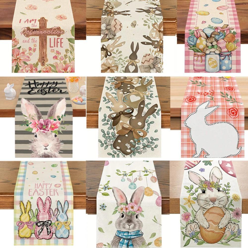 New Linen Happy Easter Table Runner Egg Rabbit Easter Tablecloth Bunny Placemat Dining