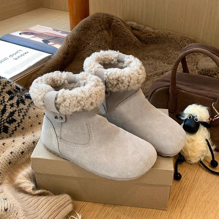 Boken boots women's 2026 winter round toe retro furry short boots flat cotton shoes warm furry snow boots