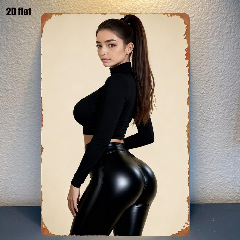 

Iron Woman Metal Sign x Inch Black Chic Decor with Leather Pants High Ponytail Home Garage Cafe Garden Wall Art Gift 20x30cm