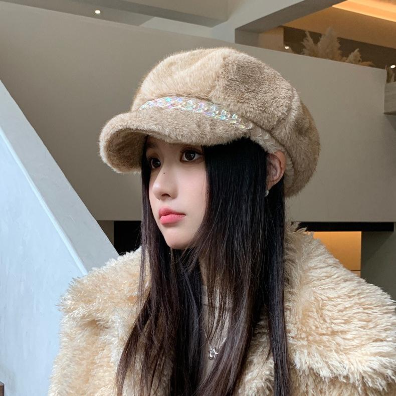 Autumn and Winter Beret Cap Women's Imitation Mink Hair Thermal Ear Protection Hat Versatile Casual Retro Octagonal Hat Painter Hat