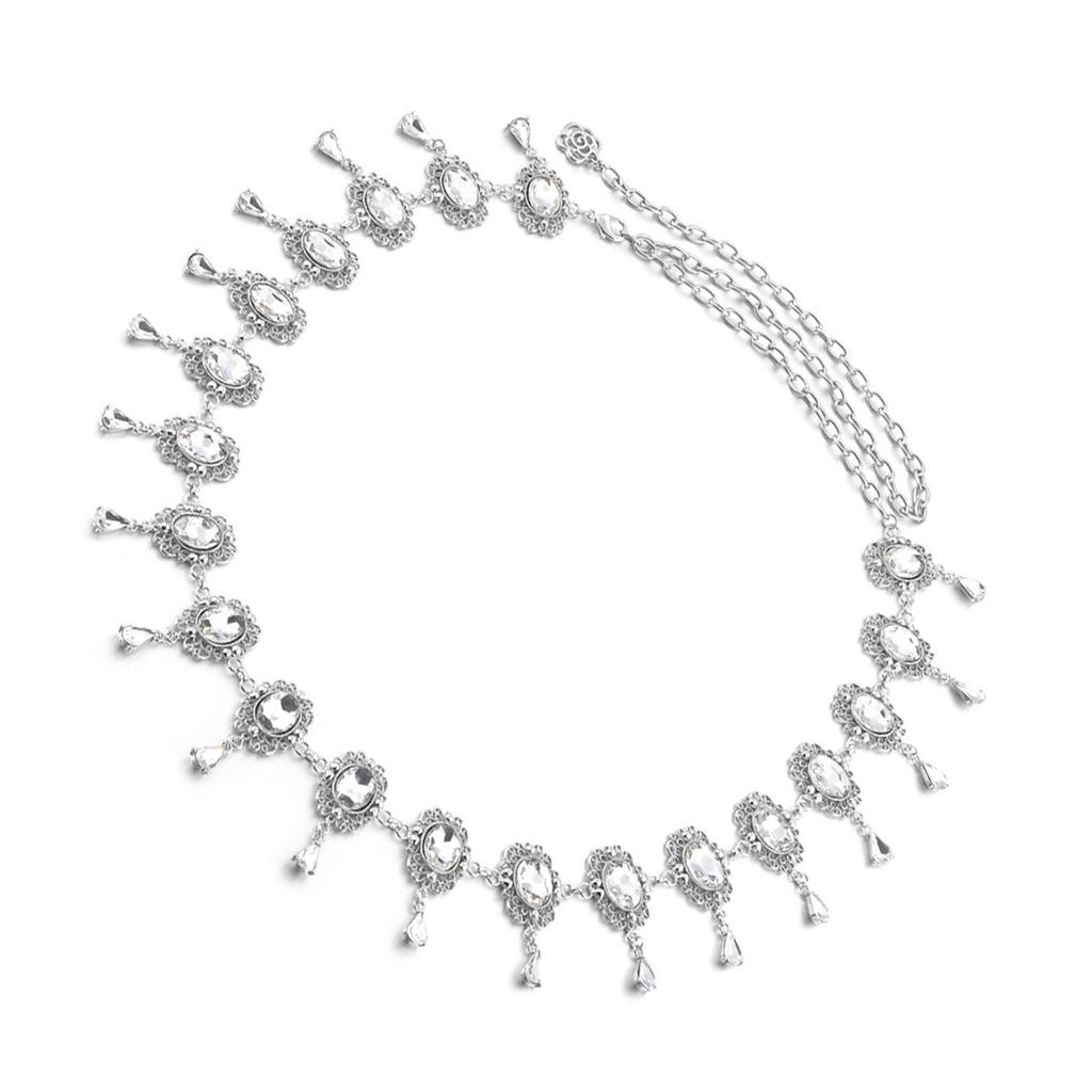 Women Adjustable Diamond Belt Chain Vintage Style Wedding Dress Accessory - Silver