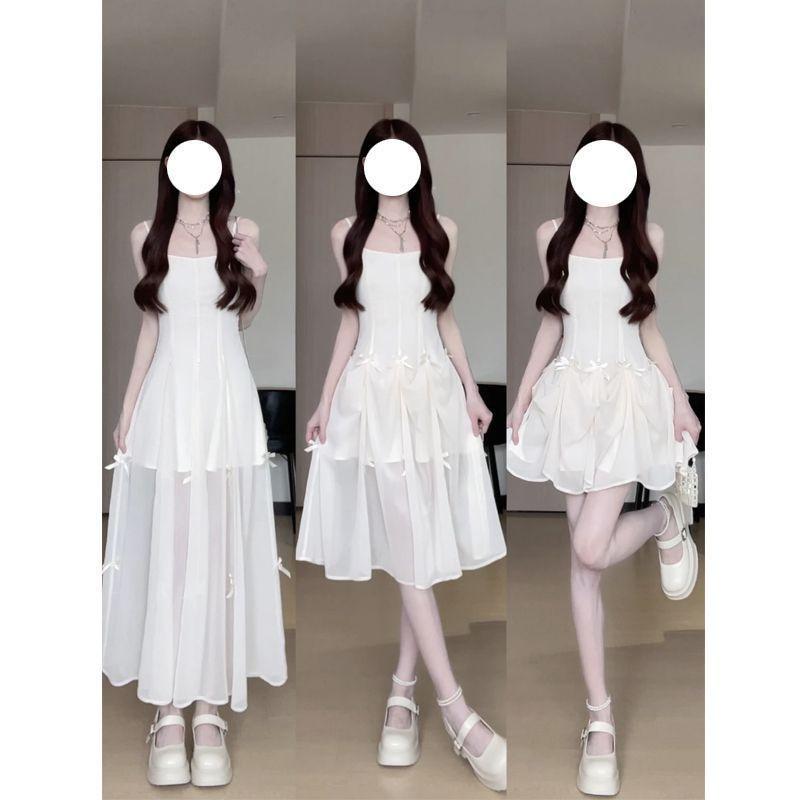 Bow temperament thin suspender dress women's summer design sense two wear super fairy waist thin dress