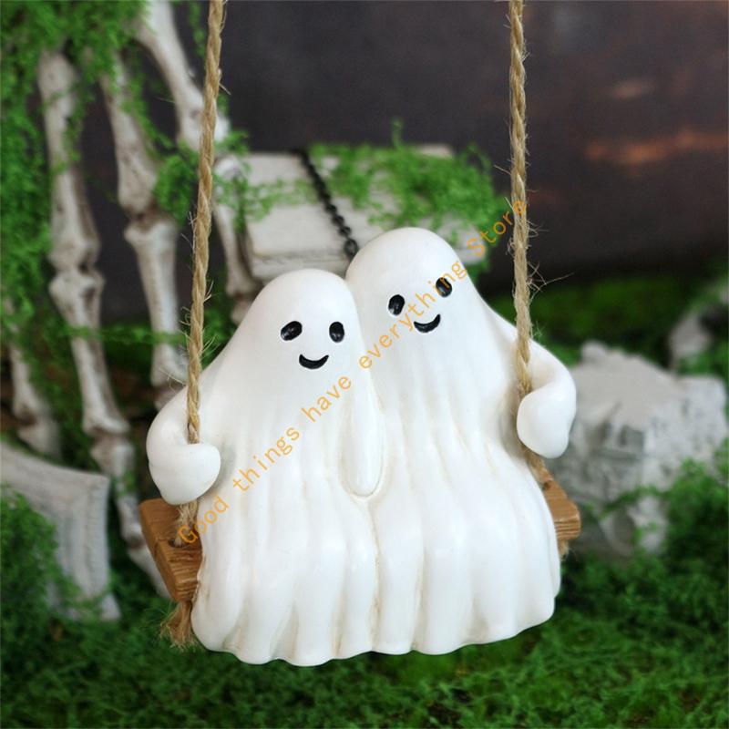 Romantics Ghostly Couple Swing Ornament Resins Halloween Garden Decors Indoor and Outdoor Weather Resistant Hanging Art 55KF