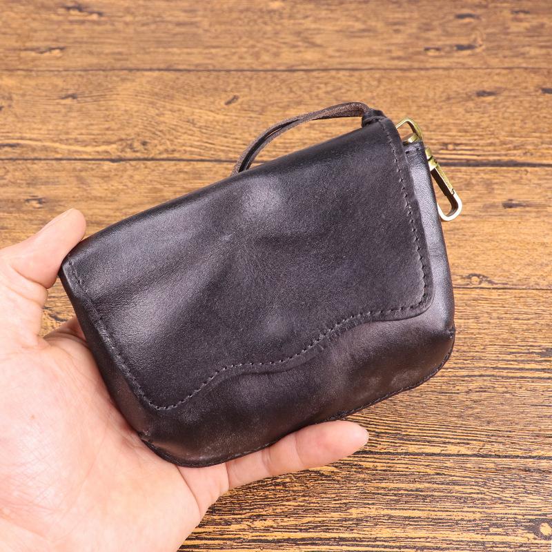 

Head Layer Cowhide Key Bag for Men, Made of Aged Vegetable Tanned Leather, Pleated Waist, Hanging Key Buckle, Multifunctional Coin Purse чёрный