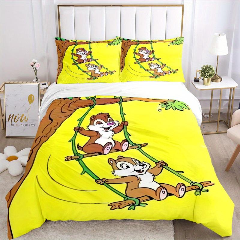 3pcs Chip & Dale on the Swing Pattern Bedding Three-Piece Set (1 Cover + 2 Pillowcases, No Fillings), This Printed Bedding Set Is Soft and Comfor