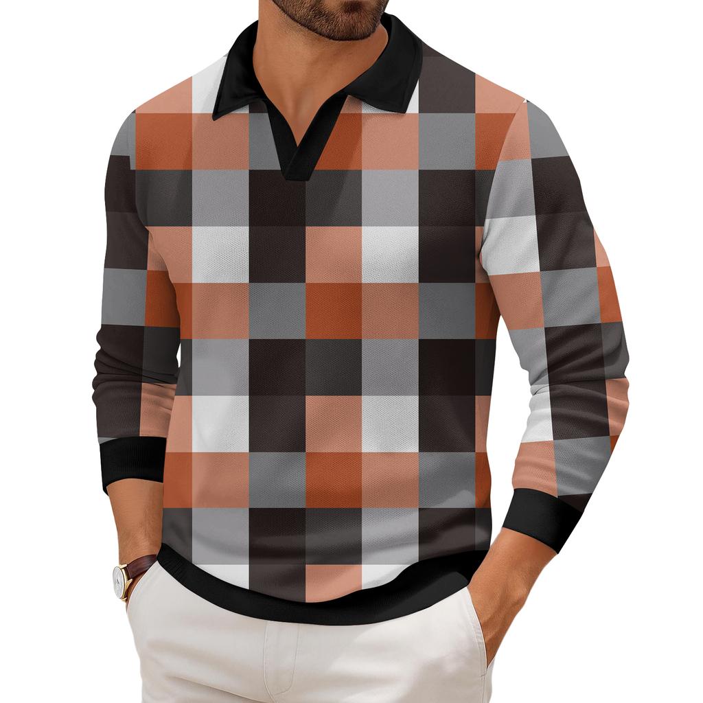 Men's Casual Fashion Printed Lapel Long-sleeved Knitted Bottoming Shirt Top