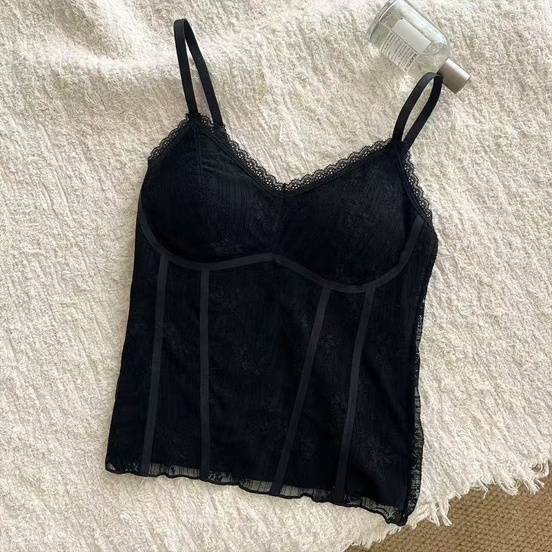 

French pure lace with its own chest pad, sling, thin vest type, V-neck fixed cup can be worn outside l [recommended 110-130] чорний