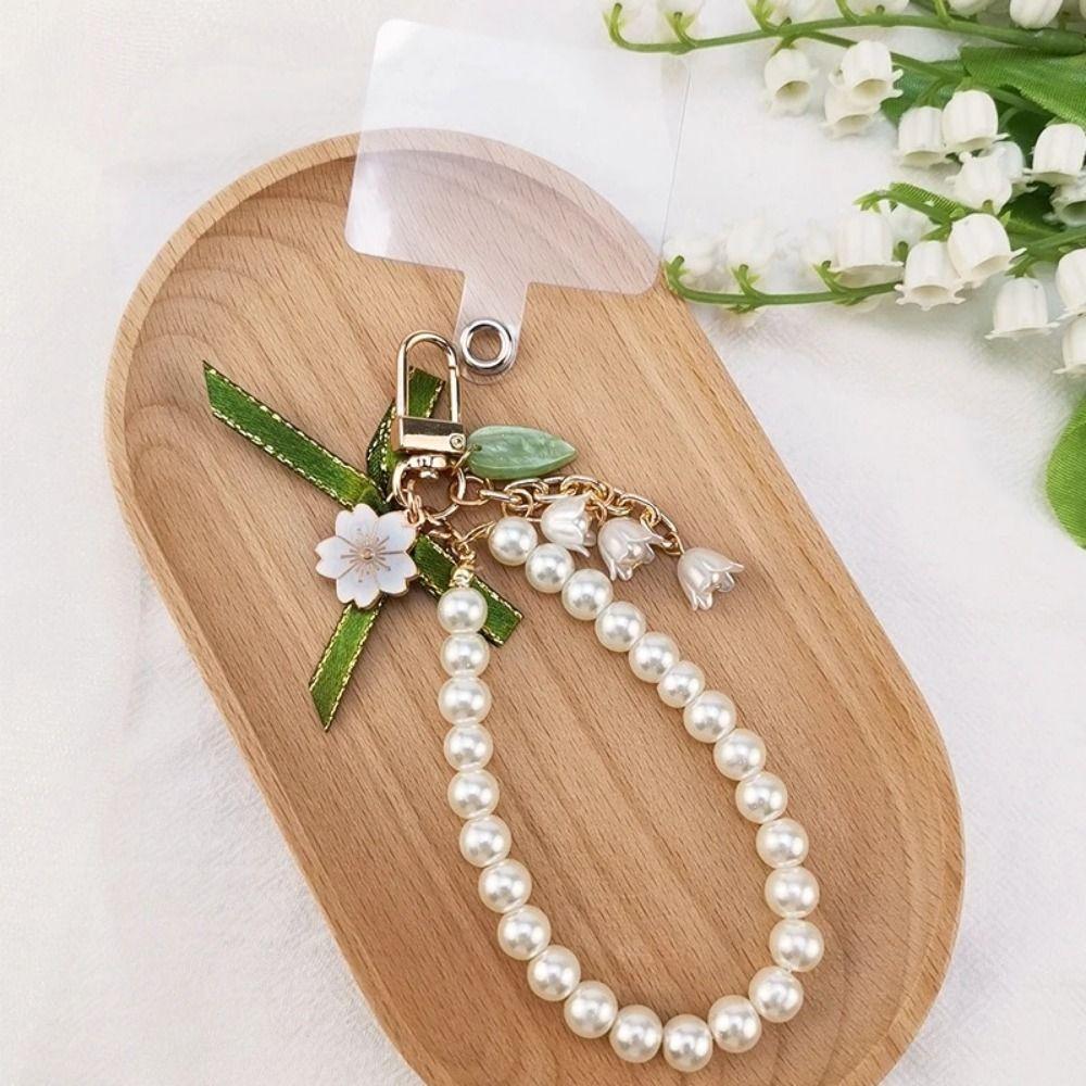 Fashion Bell Orchid Pendant Keychain Pretty Pearl Strap Key Ring Green Ribbon Bow Key Chain  Girl