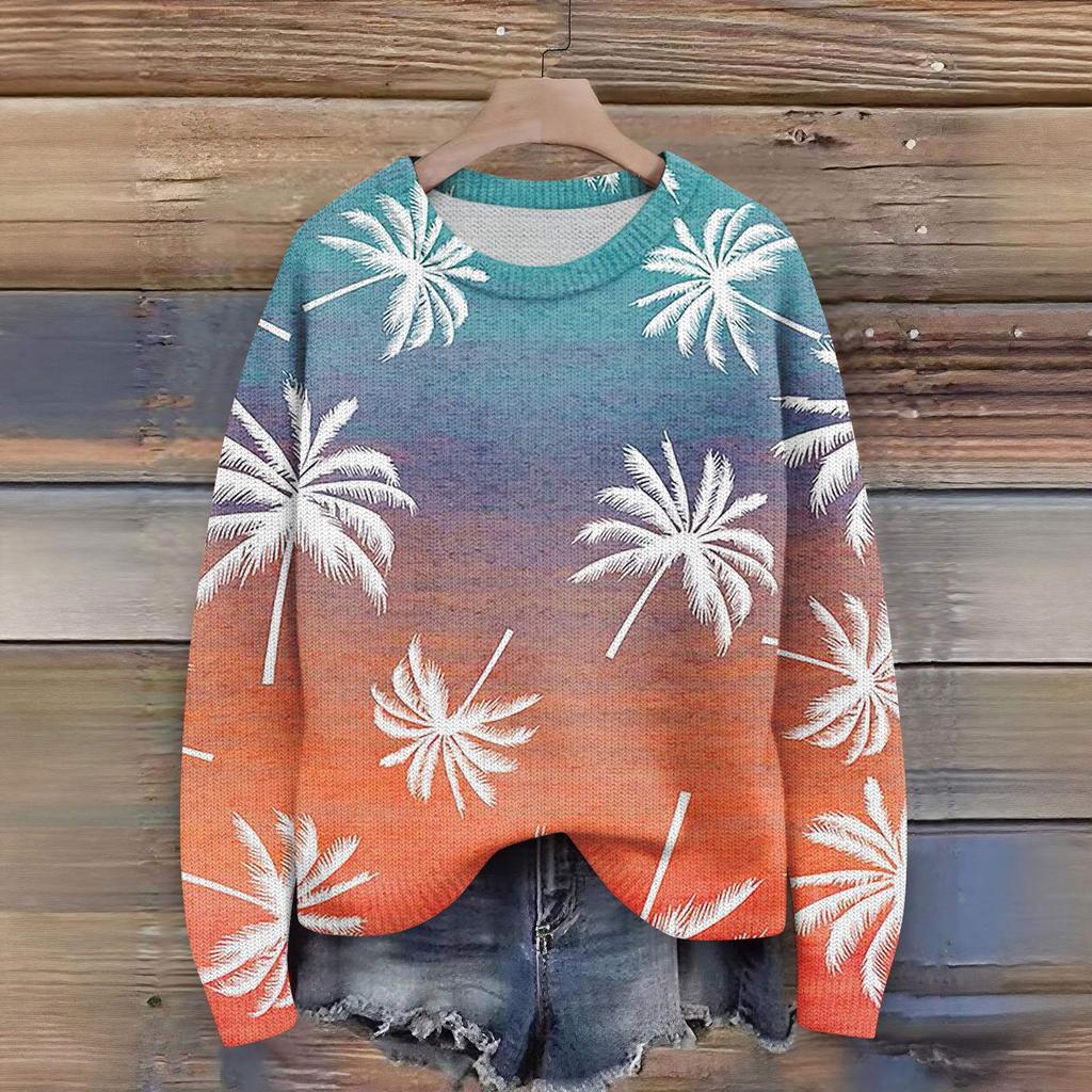 Long Sleeve Pullover Sweaters For Women O Neck Casual Cute Printing Knit Oversized Sweater