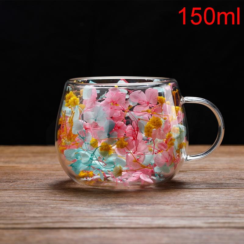 1Pcs Dried Flower Decorative Milk Tea Cup 150/300Ml Double-Layer Dried Flower Glass Cup High Temperature Resistant Coffee Cup