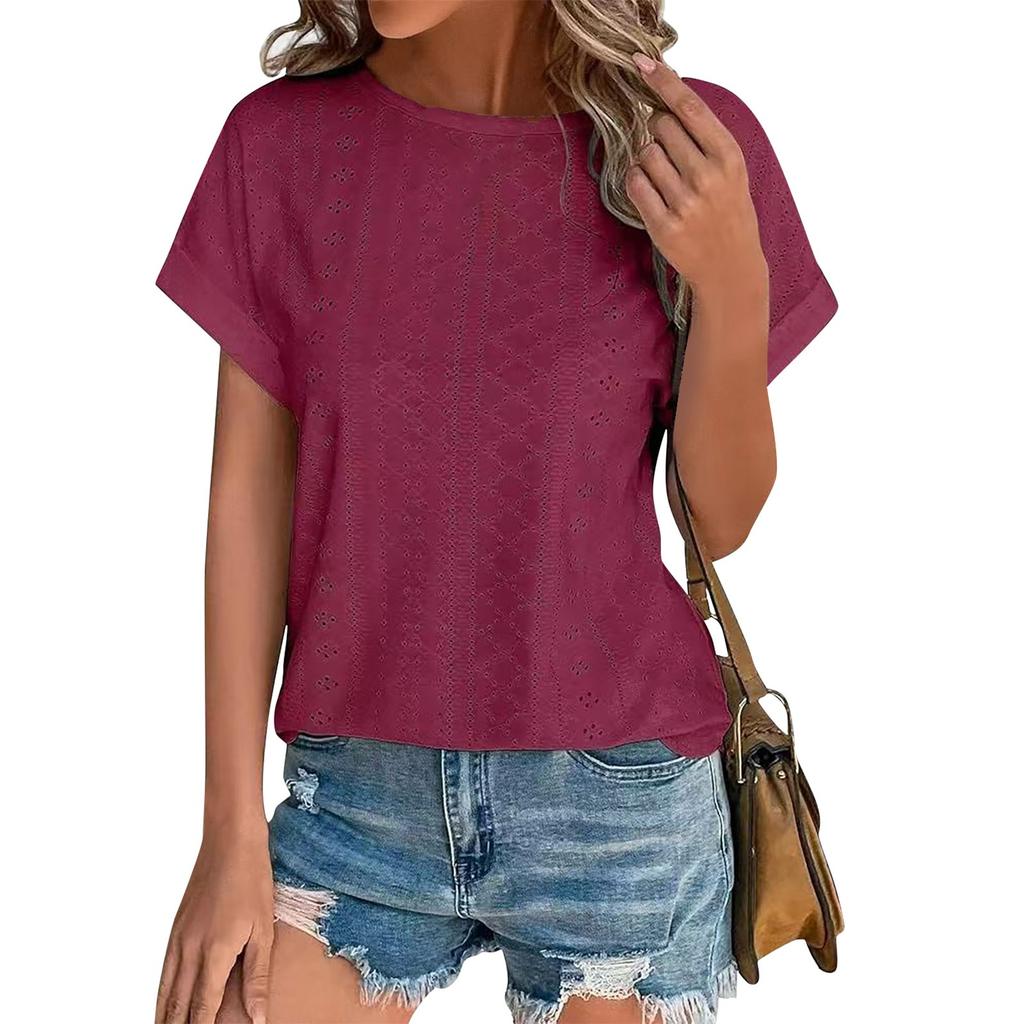 Women's Fashion Solid Color Round Neck Loose Short Sleeved Pullover T-shirt Top