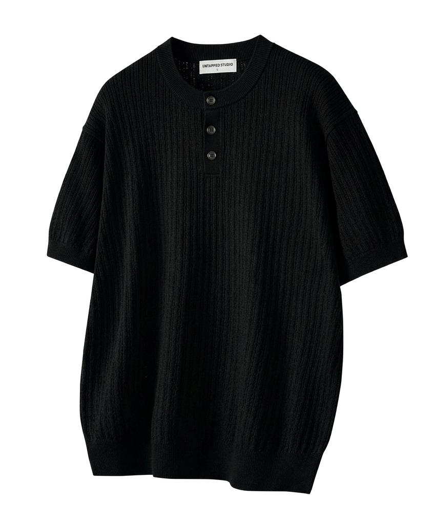 UNTAPPED STUDIO [2Pack] Washable Cool Cotton Henley Neck Round Short Sleeve Knit 5 Colors (B Type)