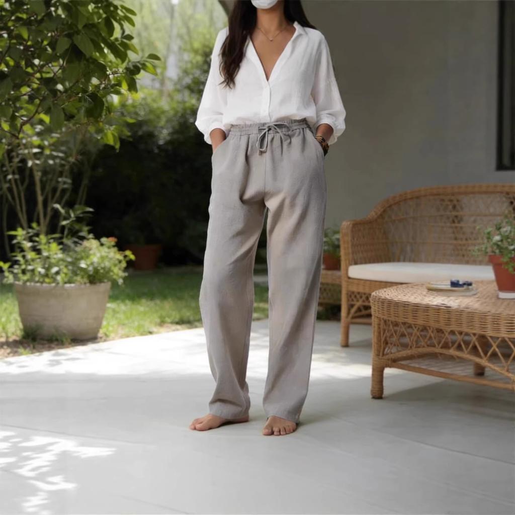 Women's trendy retro casual cotton and linen pants breathable loose straight-leg pants solid color summer daily versatile light and thin trousers