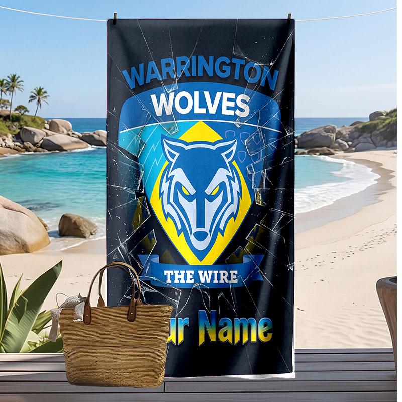 Warrington Wolves FC Personalized Printed Beach Towel Soccer Logo Support Custom Name Text Absorbent Towel For Sport Travel Special Gift