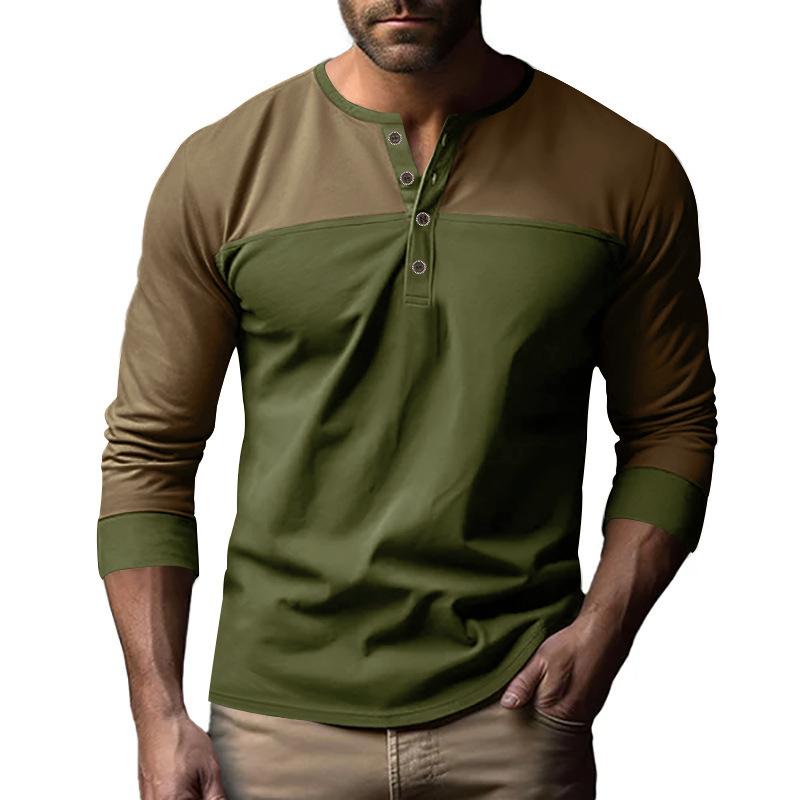 Men's Autumn New American Retro Long-sleeved Colour Blocking Henry Collar Bottoming Shirt Men's T-shirt