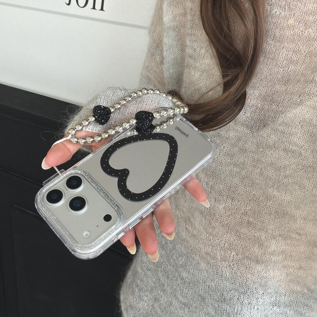 Korean-Style Black Heart Mirror Phone Case for iPhone 15/16/17/17 Pro Max (Female)