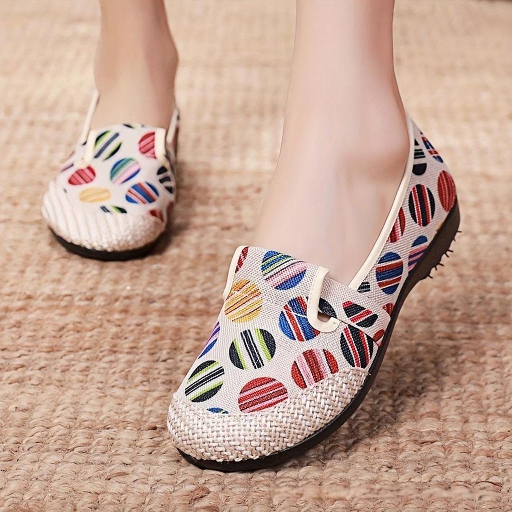 Women's Slip-On Flat Canvas Fisherman Shoes with Colorful Striped Pattern, Uppe Comfortable Casual Loafers for All-Day Wear