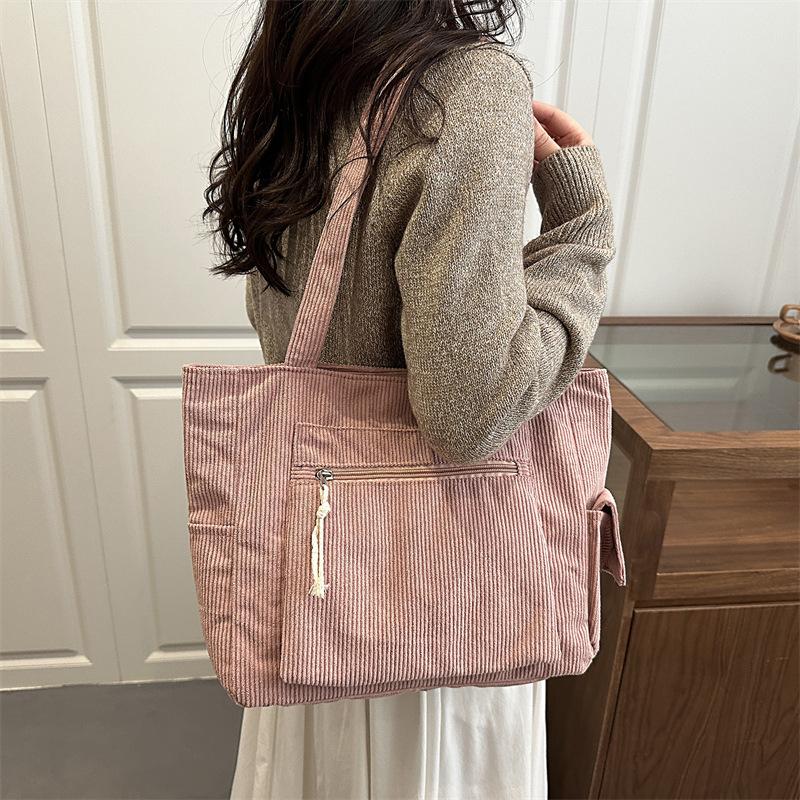 Simple Corduroy Tote Bag, Solid Color Shoulder Bag, Retro Multi Pockets Handbag for School Work Shopping Gift