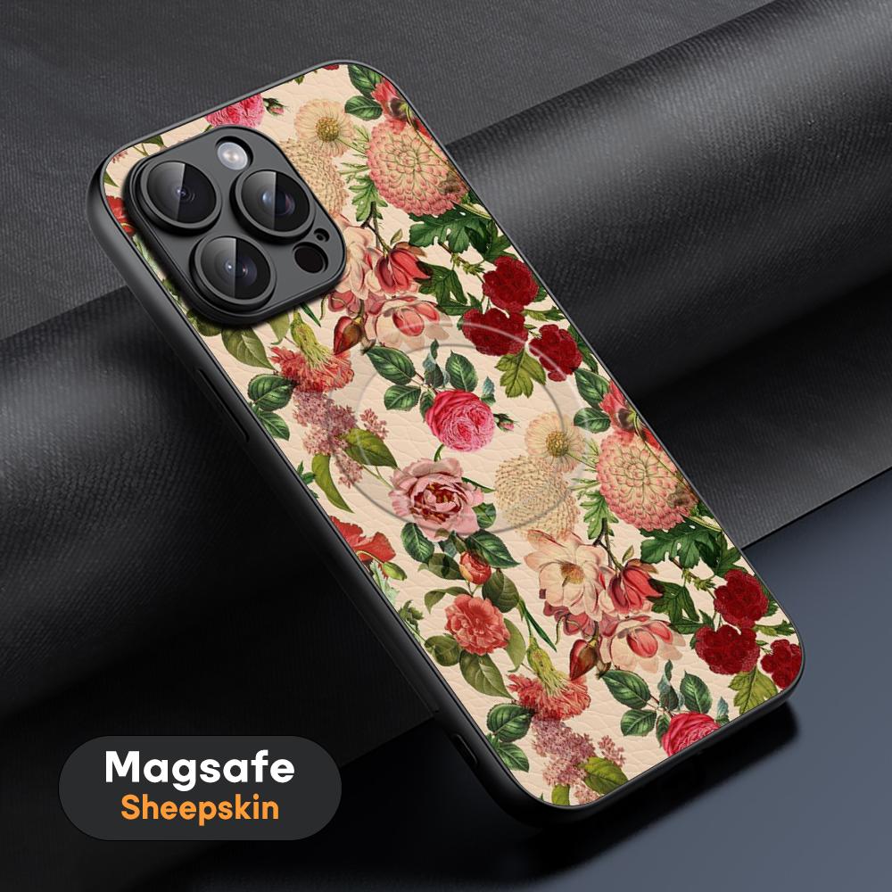 Art Retro floral pattern painting design Phone Case For iPhone 16 15 14 13 12 11 Plus Pro Max High-end Luxury Magsafe Sheepskin
