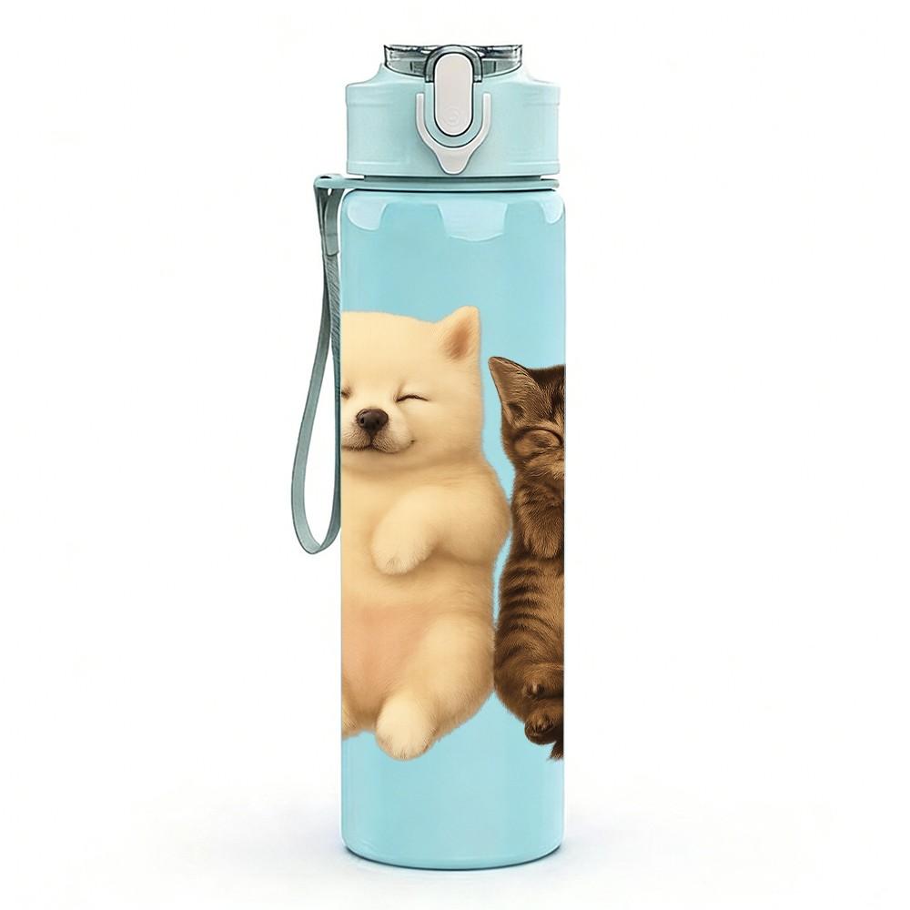 1PC Two Cats Gesture Cartoon Art 750ml Color Plastic Sports Water Bottle Leakproof Flip Straw Lid Suitable for Sports Office Home Use