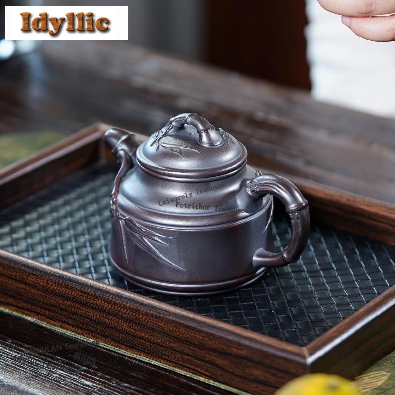 340ml Classic Yixing Purple Clay Teapots Handmade Engraved Bamboo Pot Raw Ore Antique Brass Mud Kettle Zisha Tea Set Ornaments