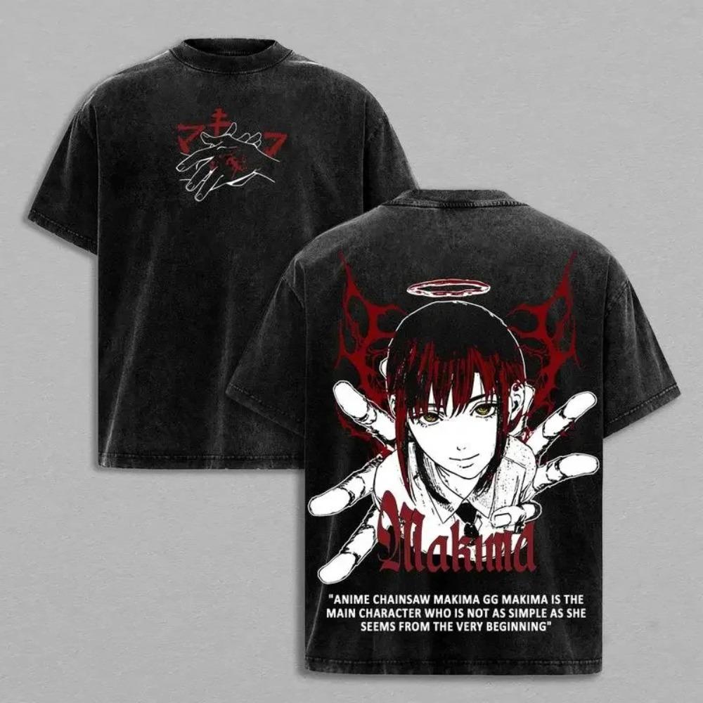 Chainsaw Man Makima Heavy Metal Vintage Washed Anime T-Shirt, Unisex Manga Fan Streetwear Tee, 100% Cotton Casual Short Sleeve Top