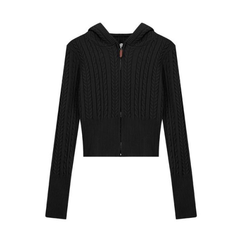 Womens Soft Cable Knit Hooded Zip-Up Cardigan Short Cropped Sweater Korean Style Casual Winter