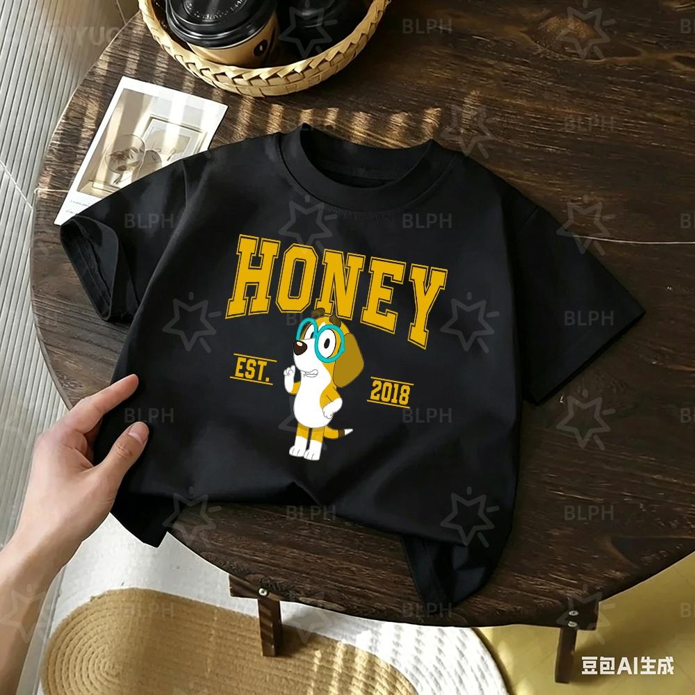 Kids Cute Honey Bluey Printed T Shirt Casual Soft Short Sleeve Tees for Boys Girls Cartoon Comfortable Summer Tops Est 2018