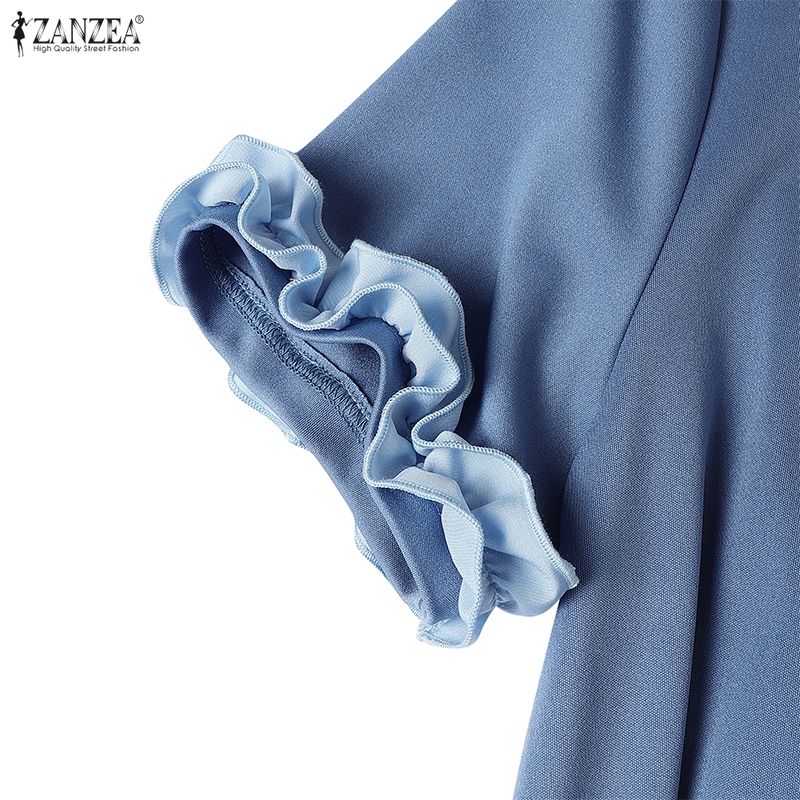 ZANZEA Women Casual Round Neck Summer Short Sleeve Splice Long Dress