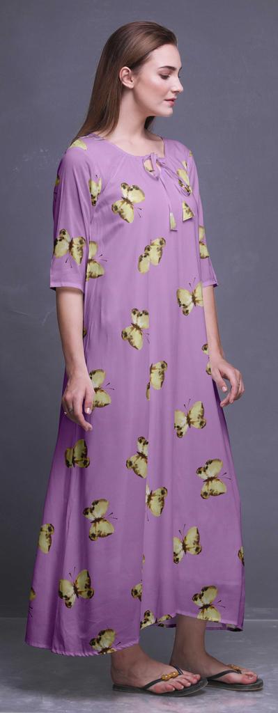 Bimba Lavender Butterflies Printed Nightgowns Maxi Sleepwear for Women Long Sleep Dress