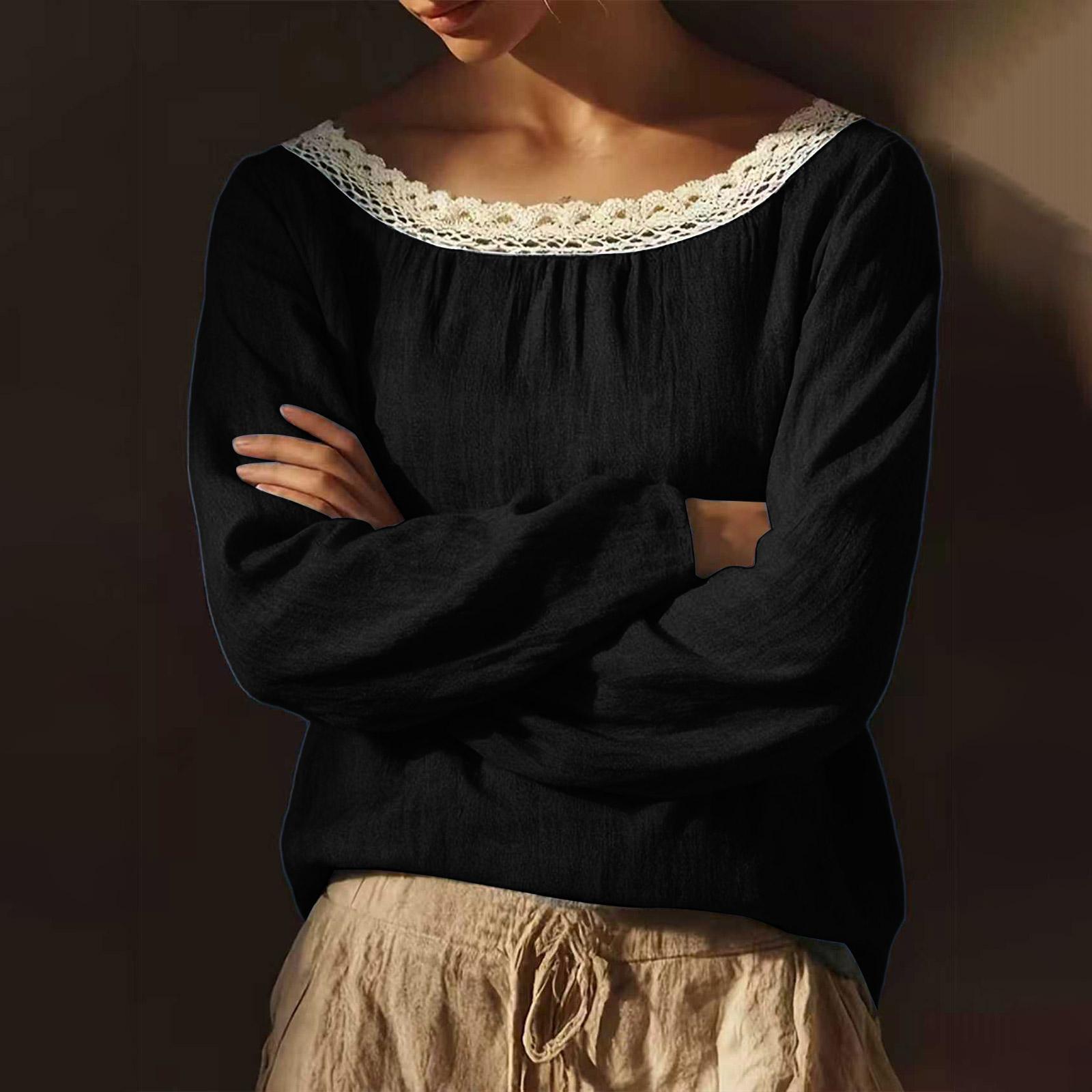 Women s Fashionable Loose-fitting  Color Round Neck Lace Long-sleeved Top L