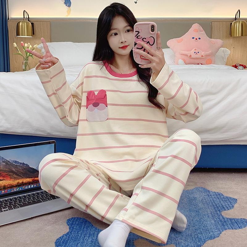 Paski Zielony Zestaw Piżamowy Damski Urocza Codzienna Bielizna Nocna Długi Rękaw Długie Spodnie Jesień Zima Piżama Dziewczęca Miękka Przytulna Piżama Damska