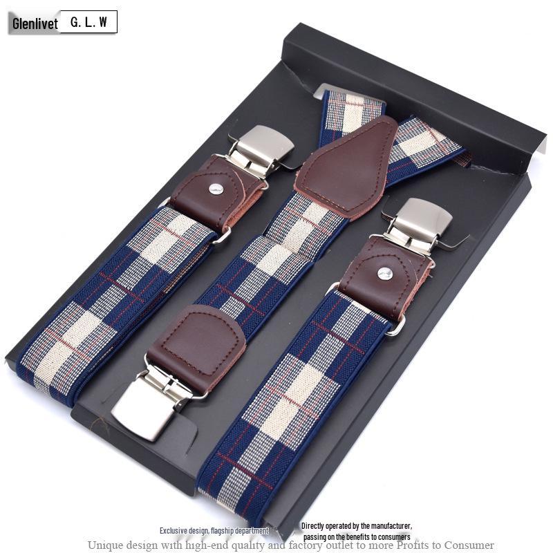 European-Style Plaid Suspenders with Leather Accents and Three-Clip Design