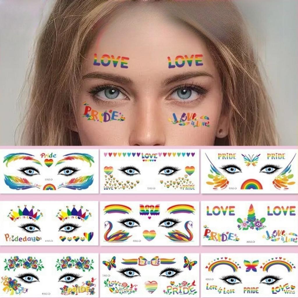 10sheets Rainbow Face Stickers| Colorful Heart, Butterfly, Flower & Swan Designs| Party Festival Temporary Tattoos & Body Art