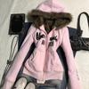 American Vintage Pink Warm Hooded Coat Women Autumn Winter Sweet Fashion Slim Jacket New Design Retro Lovely Y2k Clothing