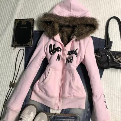 American Vintage Pink Warm Hooded Coat Women Autumn Winter Sweet Fashion Slim Jacket New Design Retro Lovely Y2k Clothing