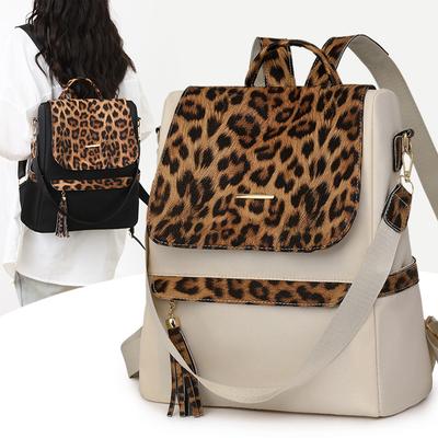 Sac à dos grande capacité pour femme, sac à bandoulière double usage, cartable à imprimé léopard pour étudiante