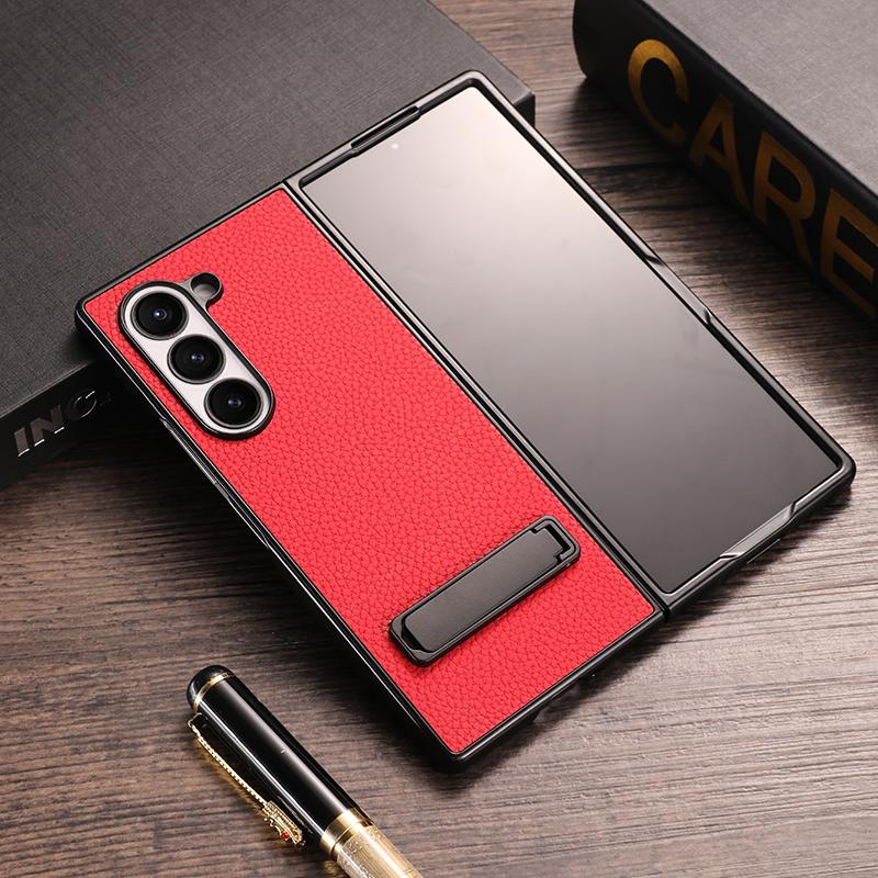 For Samsung Galaxy Z Fold 6 Case Luxury Lichee Pattern PU Leather Metal Back Kickstand Protective Folding Cover for Z Fold 6