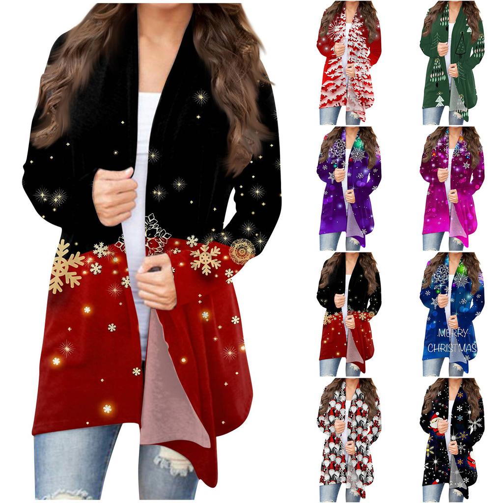 Women's Christmas Print Irregular Long Sleeve Cardigan With Pocket Jacket